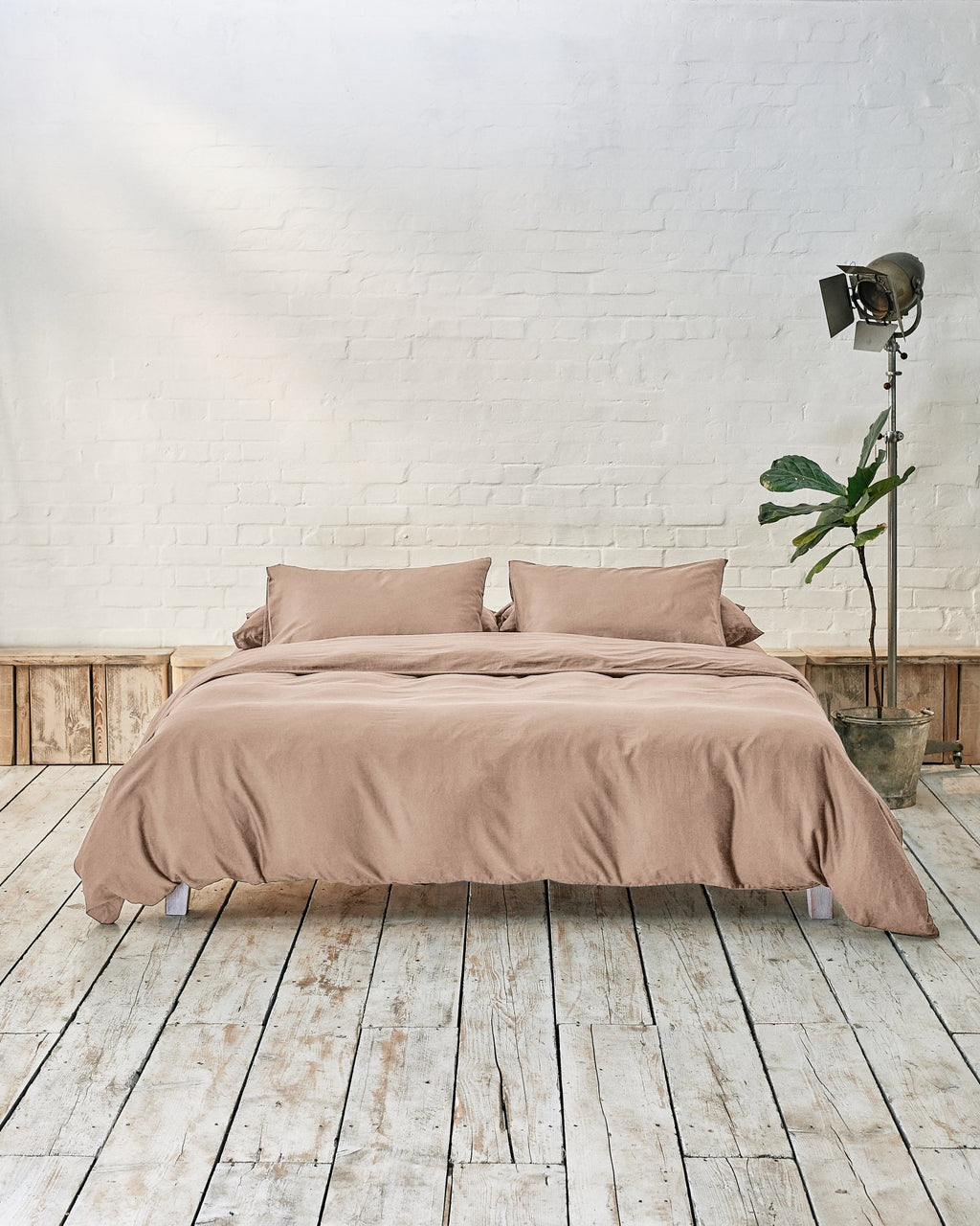 Bedroom with beige bedding and house plant